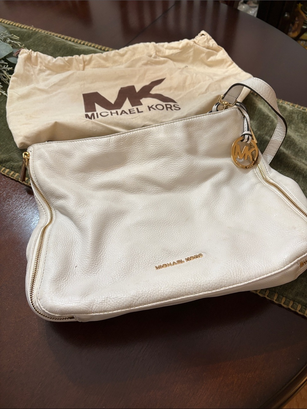 Michael Kors Cream Pebbled Leather Shoulder Hobo with Gold Logo Charm